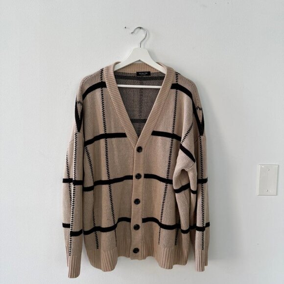 Beige & Black Plaid Knit Cardigan - Oversized Unisex Korean Fashion - Picture 1 of 4